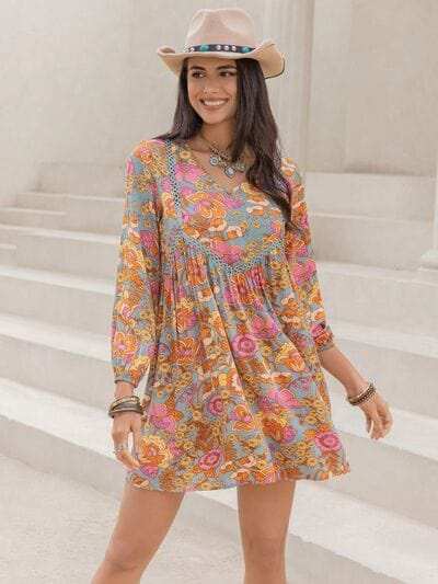 Printed V-Neck Balloon Sleeve Mini Dress - Trendsi - Flyclothing LLC