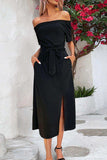 Tie-Waist Off-Shoulder Split Dress - Flyclothing LLC