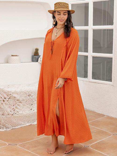 Plus Size Tie Neck Long Sleeve Slit Dress - Trendsi - Flyclothing LLC