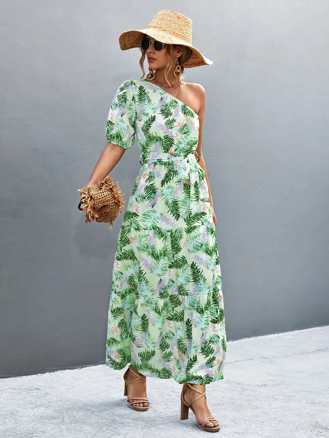 Printed Tie Waist One Shoulder Maxi Dress - Trendsi - Flyclothing LLC