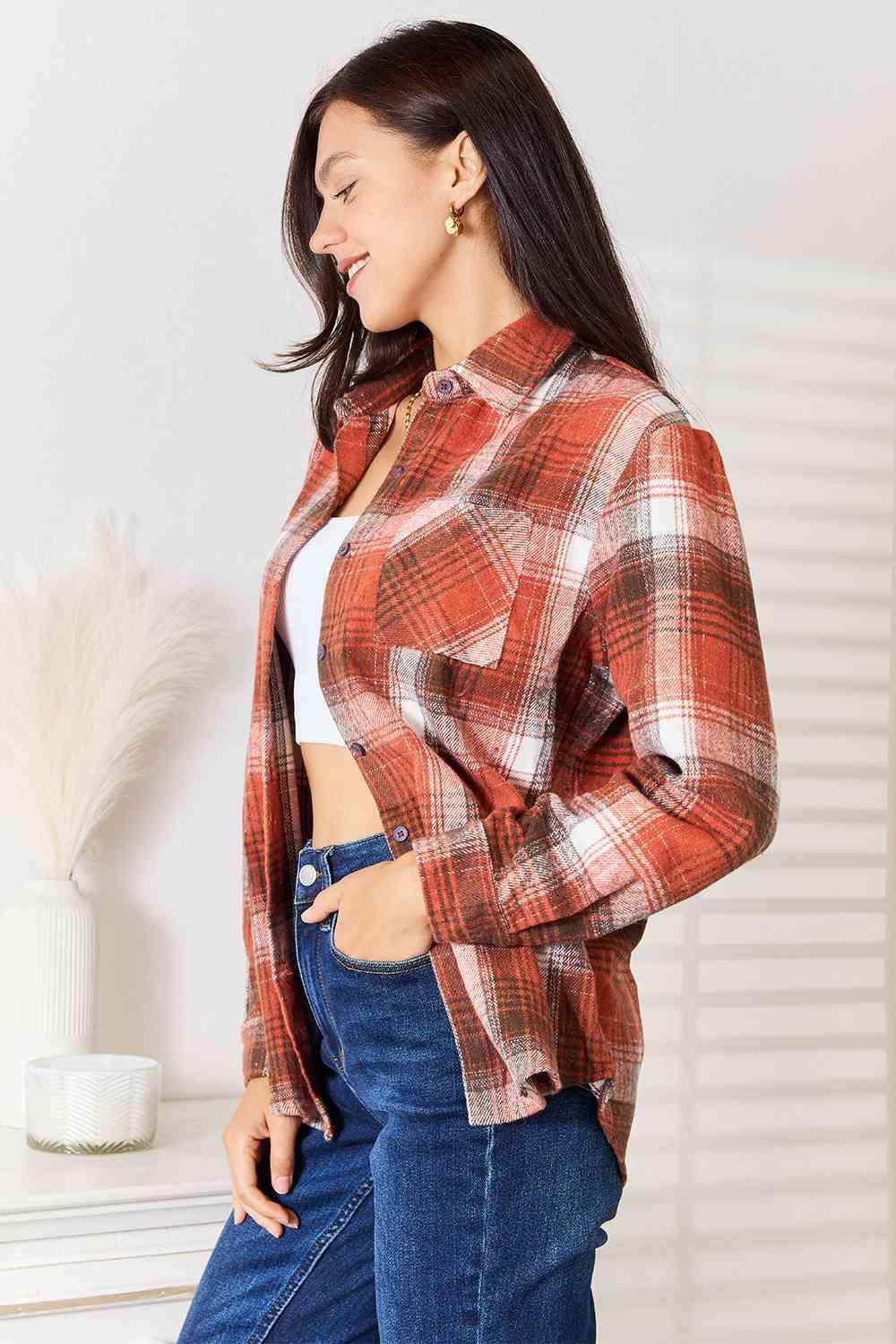 Double Take Plaid Collared Neck Long Sleeve Shirt - Trendsi - Flyclothing LLC
