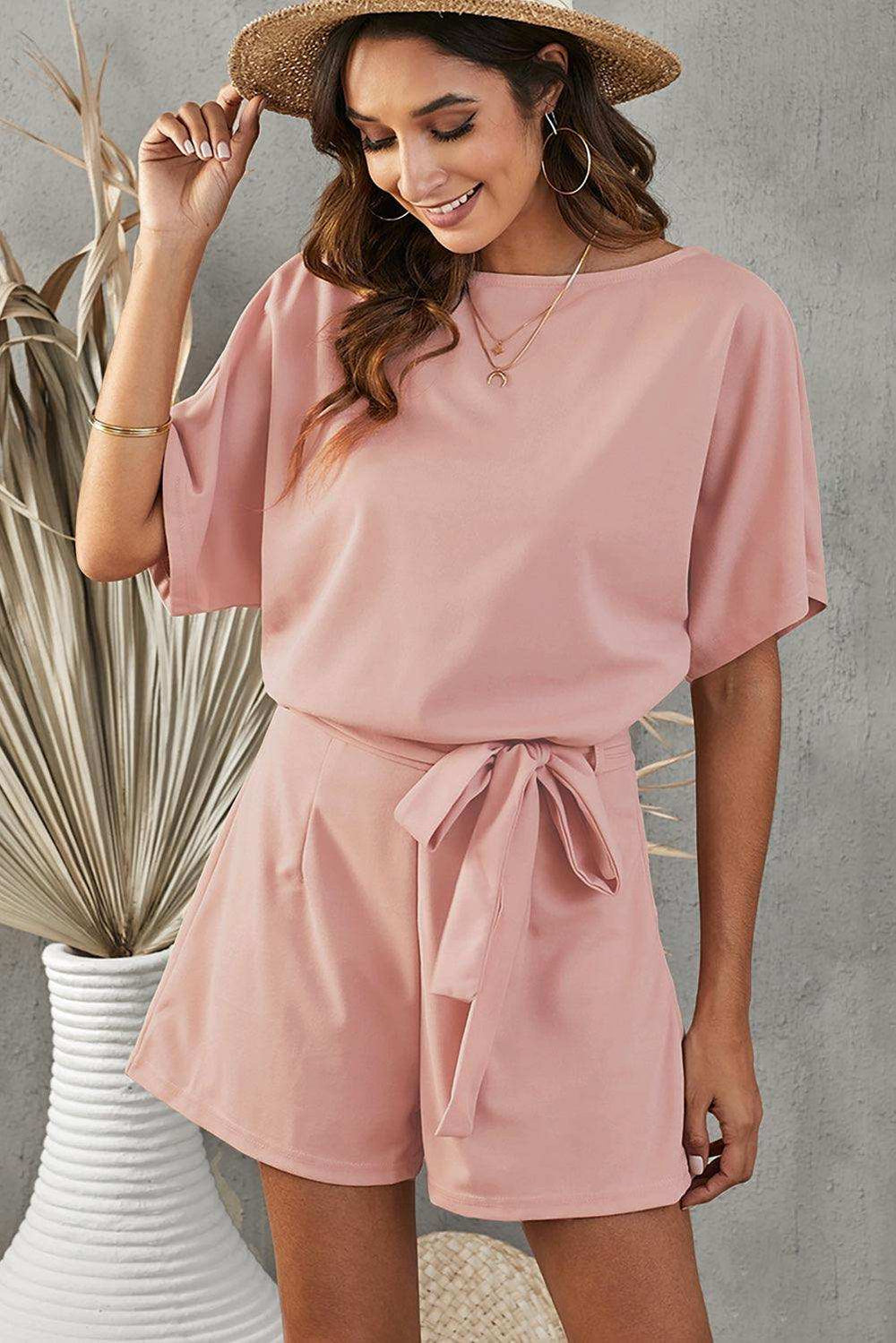 Tie Belt Short Sleeve Romper - Trendsi - Flyclothing LLC