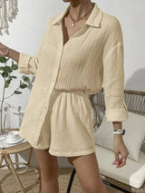 Dropped Shoulder Button Up Top and Elastic Waist Shorts Set - Trendsi - Flyclothing LLC