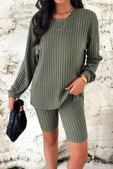 Ribbed Round Neck Dropped Shoulder Top and Shorts Set - Trendsi - Flyclothing LLC