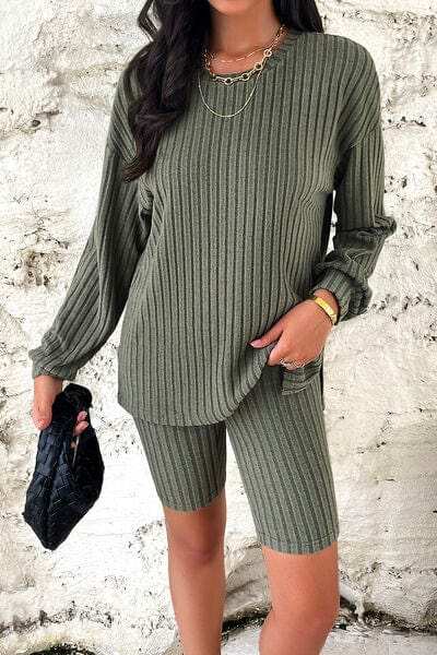 Ribbed Round Neck Dropped Shoulder Top and Shorts Set - Trendsi - Flyclothing LLC