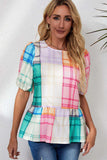 Round Neck Puff Sleeve Plaid Blouse - Trendsi - Flyclothing LLC