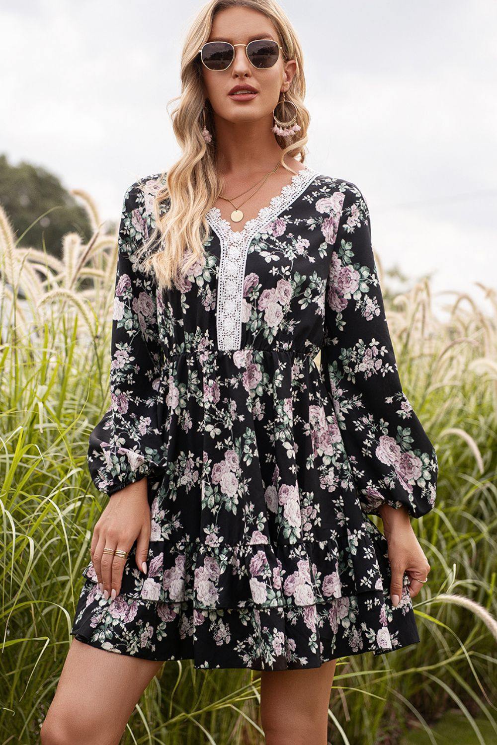 Floral Lace Trim Long Sleeve Dress - Trendsi