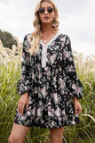 Floral Lace Trim Long Sleeve Dress - Trendsi