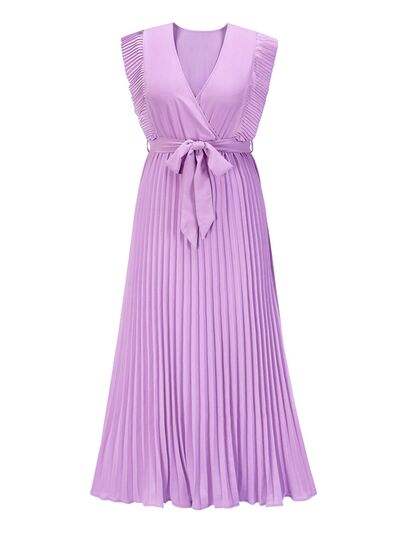 Tied Surplice Cap Sleeve Pleated Dress - Trendsi - Flyclothing LLC