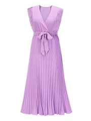 Tied Surplice Cap Sleeve Pleated Dress - Flyclothing LLC