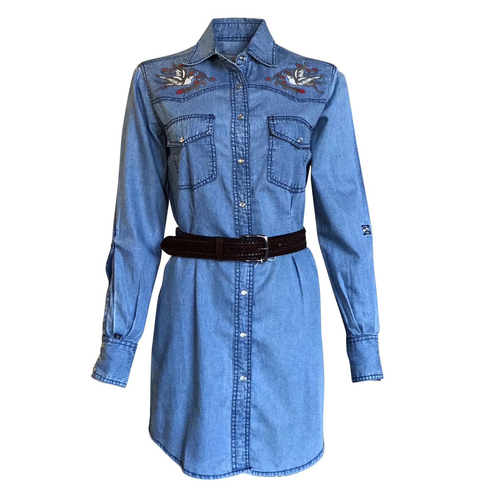 Rockmount Ranch Wear Womens Flying Swallow Embroidered Denim Shirt Dress - Flyclothing LLC