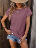 Cable-Knit Round Neck Short Sleeve T-Shirt - Trendsi - Flyclothing LLC
