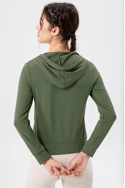 Drawstring Zip Up Hooded Active Outerwear - Trendsi - Flyclothing LLC