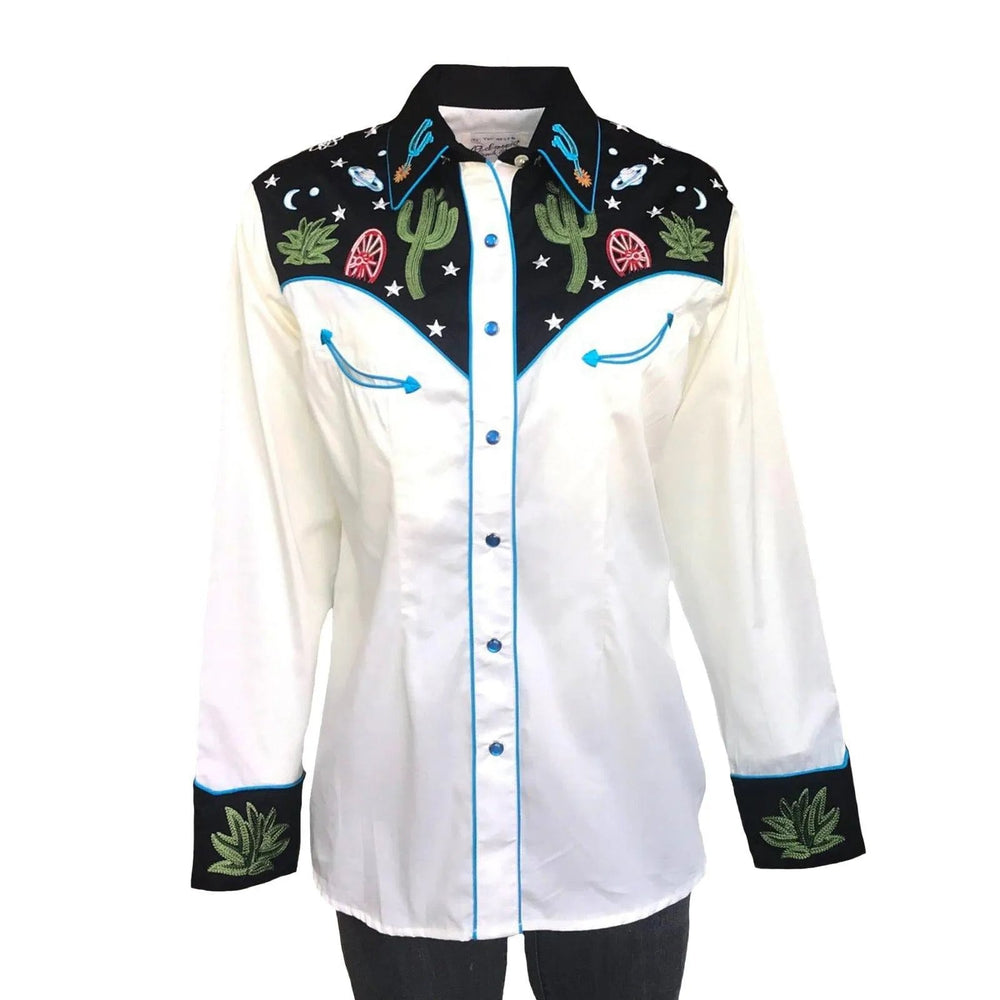 Rockmount Clothing Women's Black Vintage Cactus & Stars Chain Stitch Embroidery Western Shirt - Rockmount Clothing