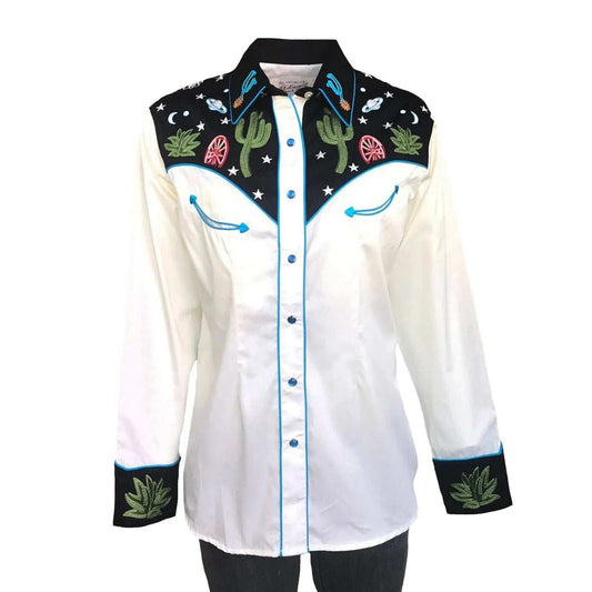 Rockmount Clothing Women's Black Vintage Cactus & Stars Chain Stitch Embroidery Western Shirt - Rockmount Clothing - Flyclothing LLC