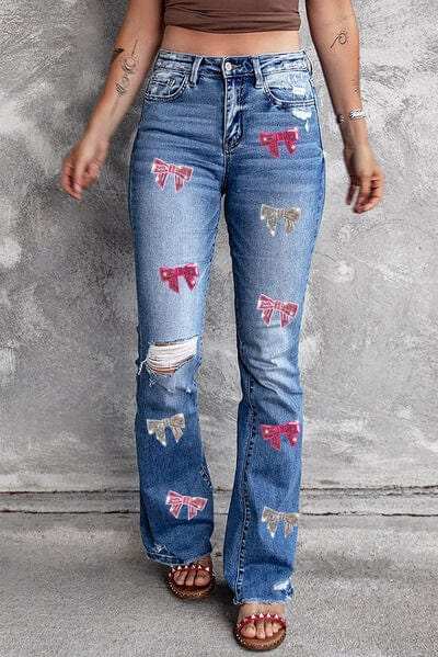 Sequin Bow Distressed Bootcut Jeans - Trendsi - Flyclothing LLC