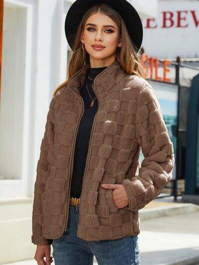 Fuzzy Checkered Zip Up Jacket - Trendsi - Flyclothing LLC