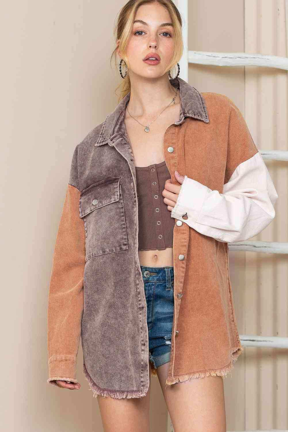 Color Block Collared Neck Jacket - Trendsi - Flyclothing LLC