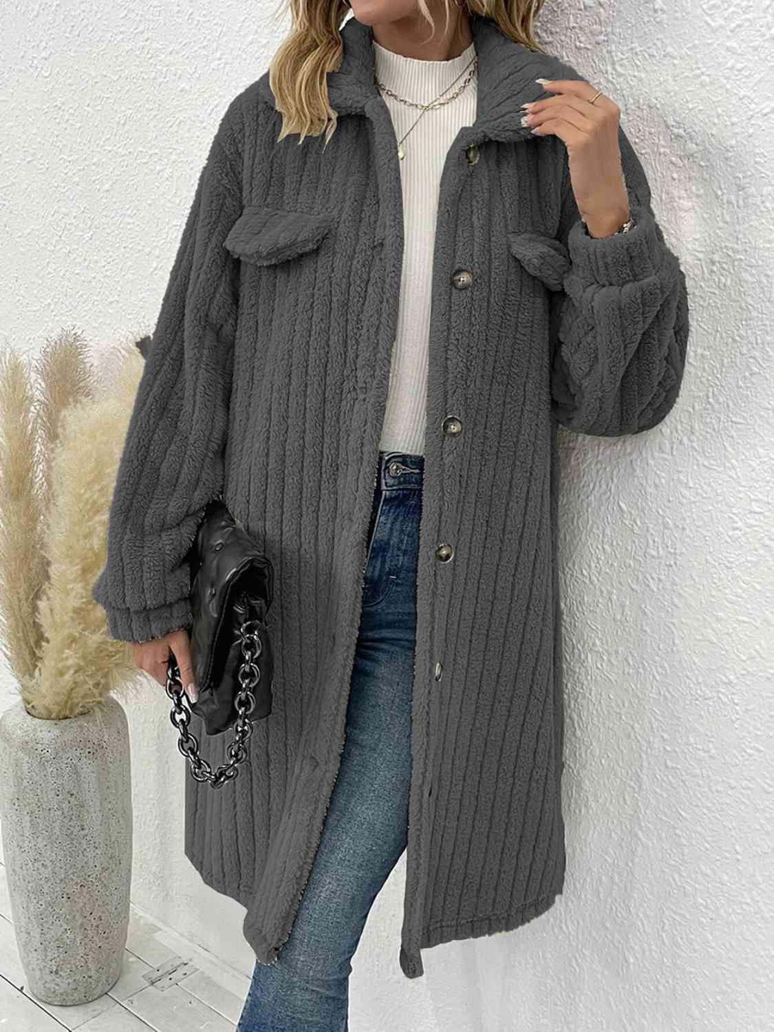 Collared Neck Drop Shoulder Coat - Trendsi
