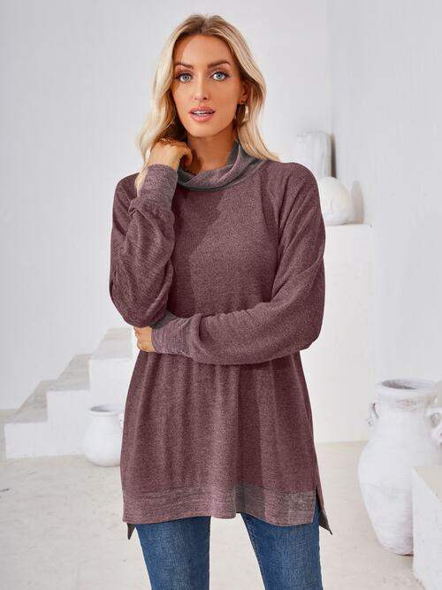 Contrast Mock Neck Long Sleeve T-Shirt - Trendsi - Flyclothing LLC