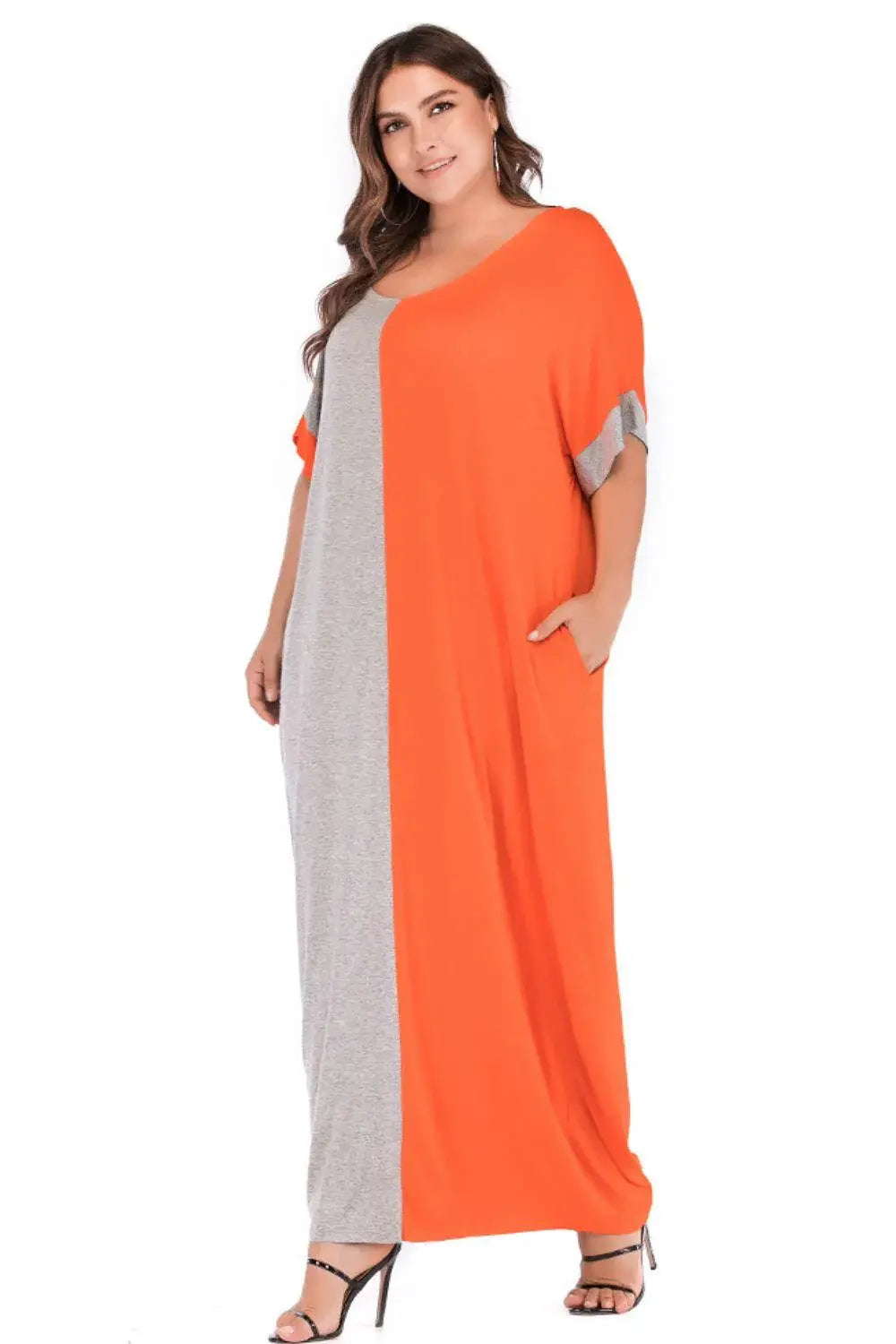 Plus Size Color Block Tee Dress with Pockets - Trendsi - Flyclothing LLC