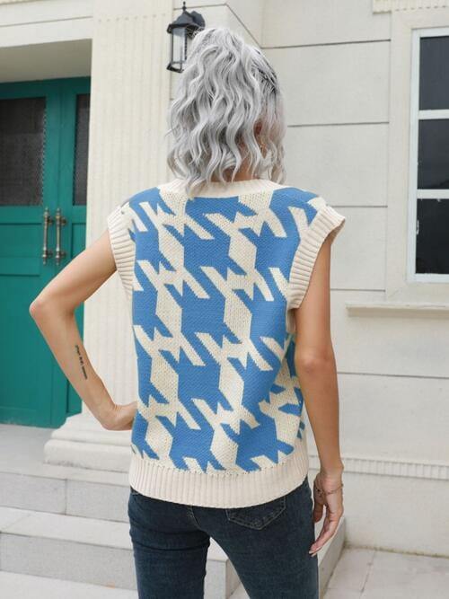 Houndstooth V-Neck Sweater Vest - Trendsi