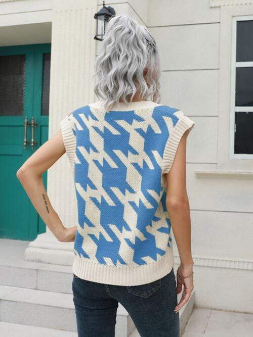 Houndstooth V-Neck Sweater Vest - Trendsi - Flyclothing LLC