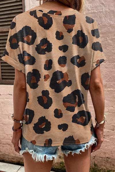 Leopard Half Button Short Sleeve T-Shirt - Trendsi - Flyclothing LLC