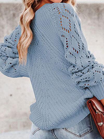 Openwork Round Neck Lantern Sleeve Sweater - Trendsi