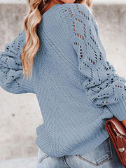 Openwork Round Neck Lantern Sleeve Sweater - Trendsi