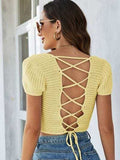 Lace-Up Openwork Square Neck Sweater - Trendsi - Flyclothing LLC