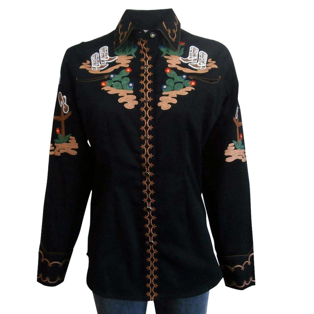 Women's Vintage Cactus & Cowgirl Boots Embroidered Western Shirt in Black - Rockmount Clothing