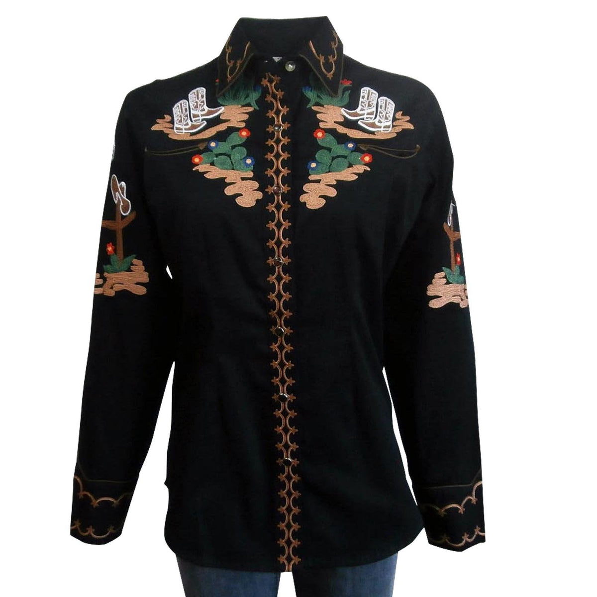 Women's Vintage Cactus & Cowgirl Boots Embroidered Western Shirt in Black - Flyclothing LLC