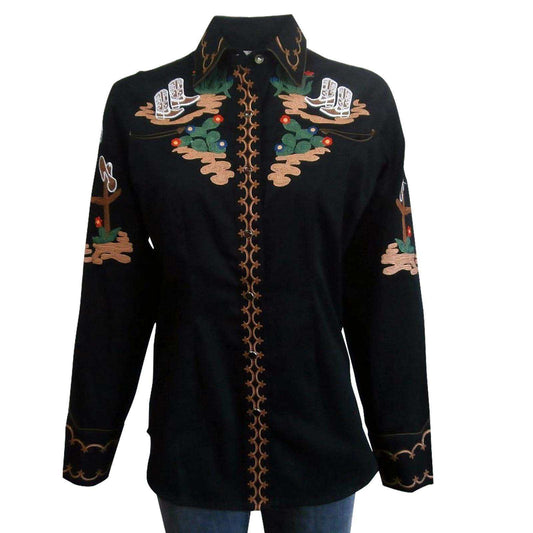 Women's Vintage Cactus & Cowgirl Boots Embroidered Western Shirt in Black - Rockmount Clothing - Flyclothing LLC