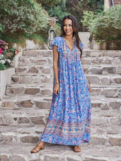 Ruffled Printed Tie Neck Cap Sleeve Dress - Trendsi - Flyclothing LLC