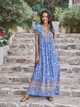 Ruffled Printed Tie Neck Cap Sleeve Dress - Trendsi - Flyclothing LLC