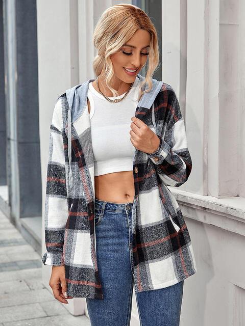 Plaid Hooded Jacket with Pockets - Trendsi