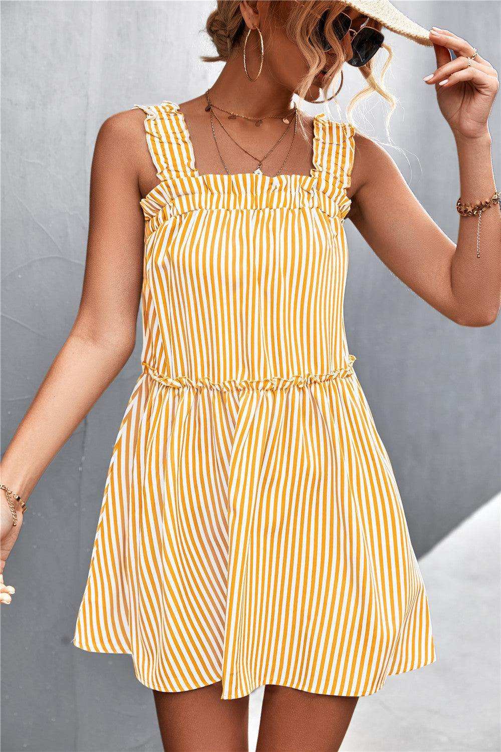 Striped Frill Trim Square Neck Dress - Trendsi - Flyclothing LLC