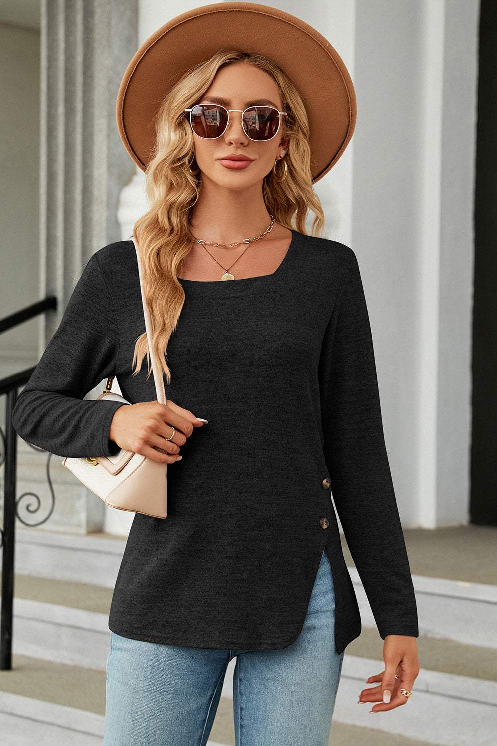 Slit Decorative Button Square Neck T-Shirt - Trendsi - Flyclothing LLC