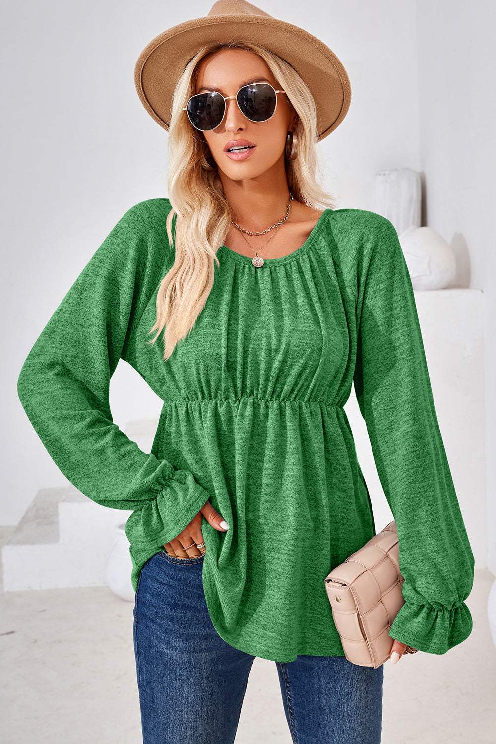Ruched Round Neck Flounce Sleeve Blouse - Trendsi - Flyclothing LLC