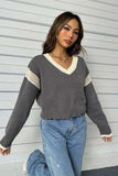 Contrast Openwork Long Sleeve V-Neck Sweater - Trendsi - Flyclothing LLC
