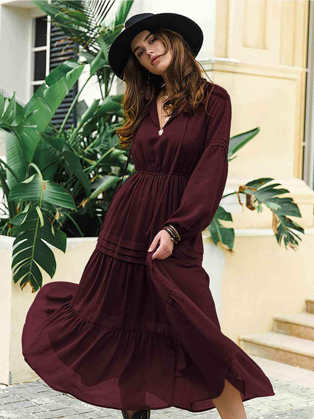 Tie Neck Long Sleeve Midi Tiered Dress - Trendsi - Flyclothing LLC