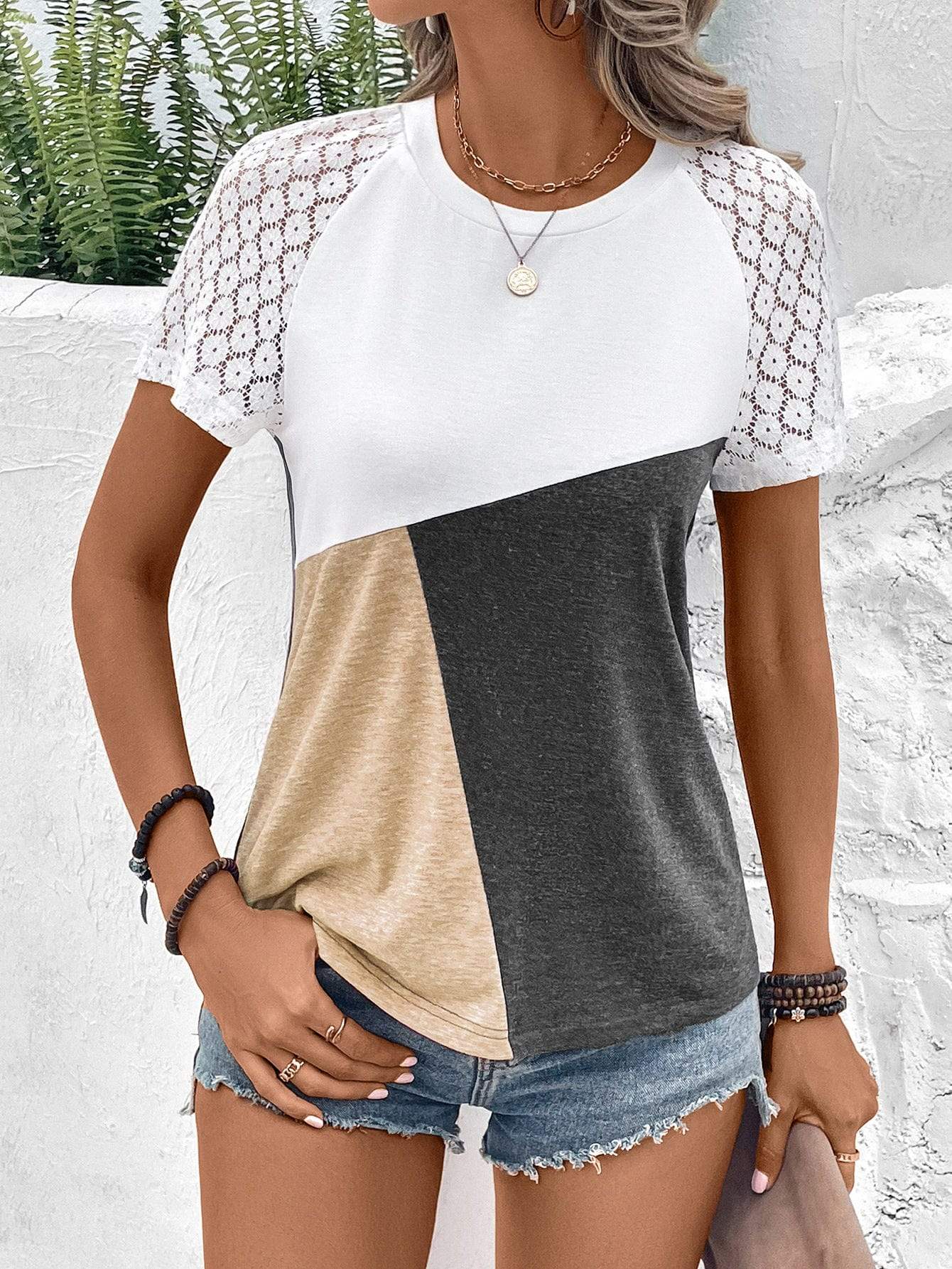 Color Block Raglan Sleeve Round Neck Tee - Trendsi - Flyclothing LLC