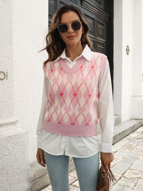 Geometric V-Neck Sweater Vest - Trendsi - Flyclothing LLC