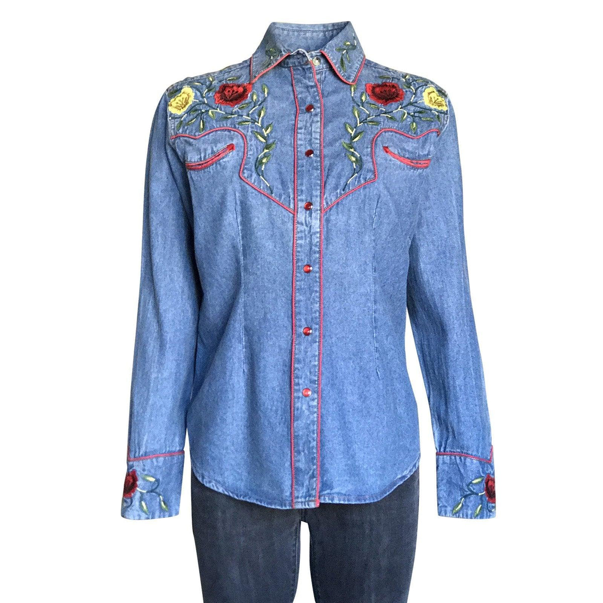 Rockmount Ranch Wear Womens Floral Embroidered Vintage Denim Shirt - Flyclothing LLC