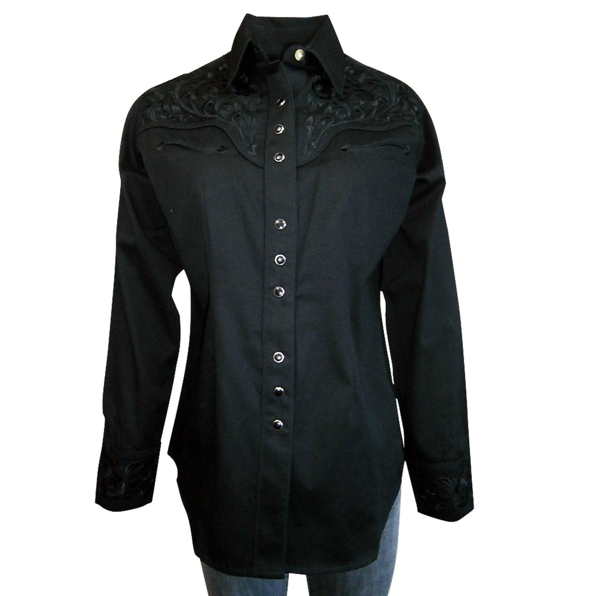 Women's Vintage Tooling Embroidery Black-on-Black Western Shirt - Flyclothing LLC
