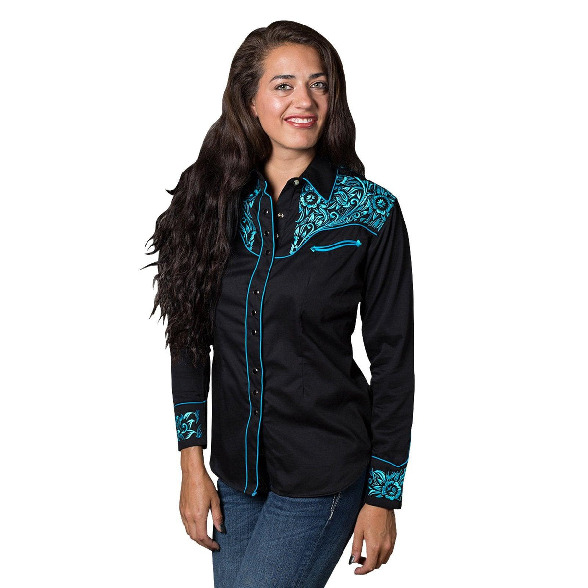 Women's Vintage Tooling Embroidery Black & Turquoise Western Shirt - Flyclothing LLC