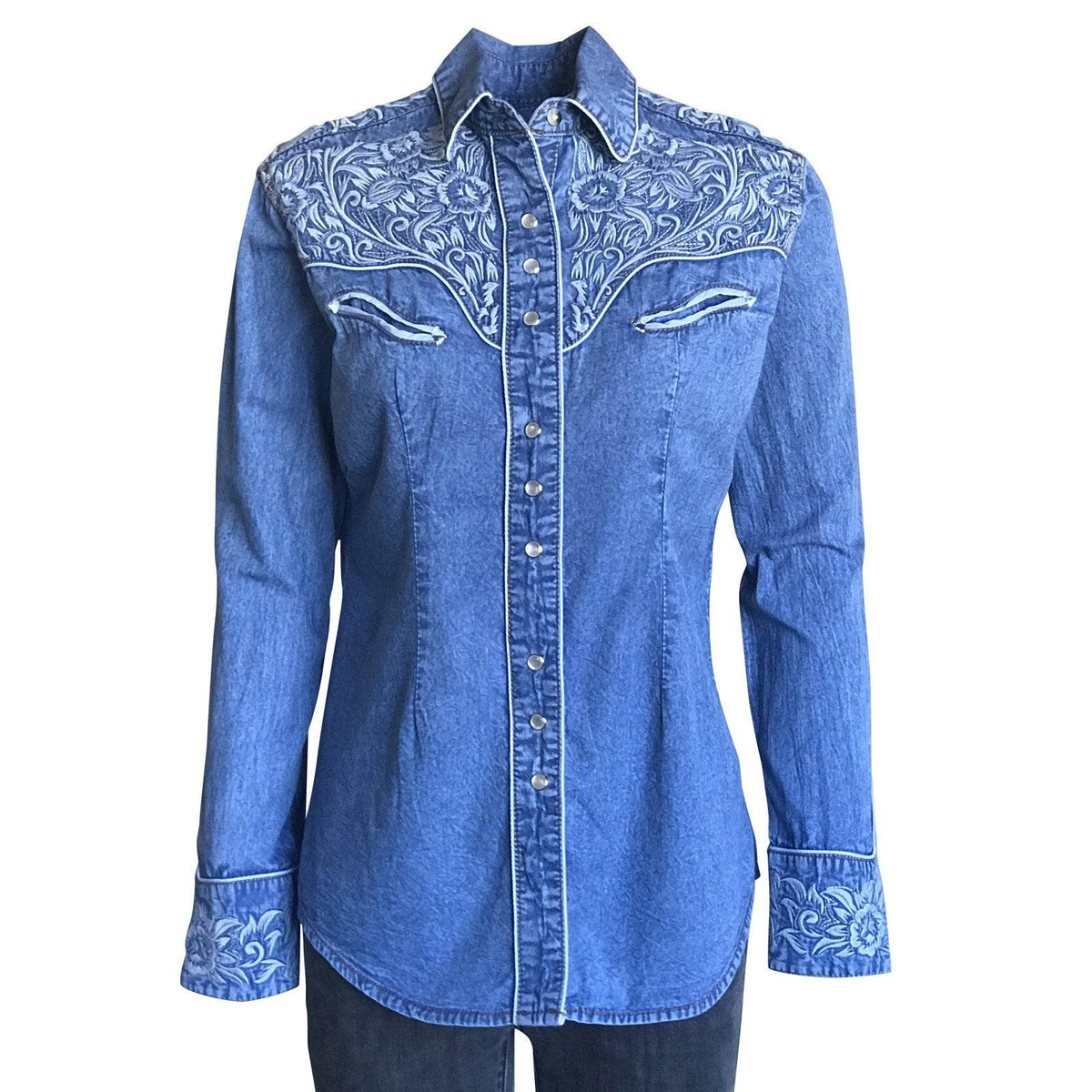 Rockmount Ranch Wear Womens Blue Floral Embroidery Denim Western Shirt - Flyclothing LLC