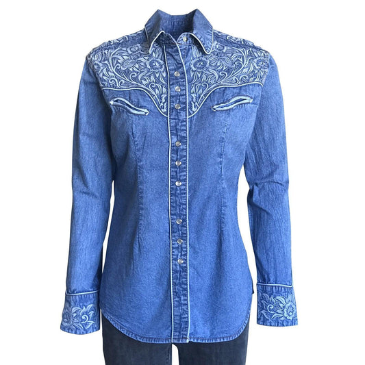Rockmount Ranch Wear Womens Blue Floral Embroidery Denim Western Shirt - Rockmount Clothing