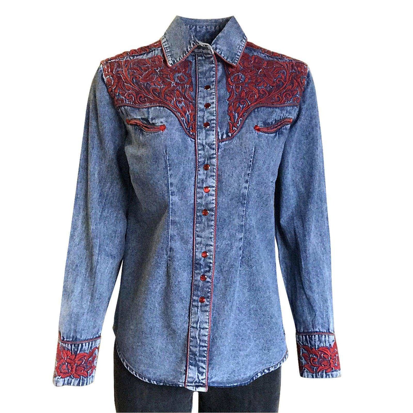 Rockmount Ranch Wear Womens Red Floral Embroidery Denim Shirt - Rockmount Clothing - Flyclothing LLC